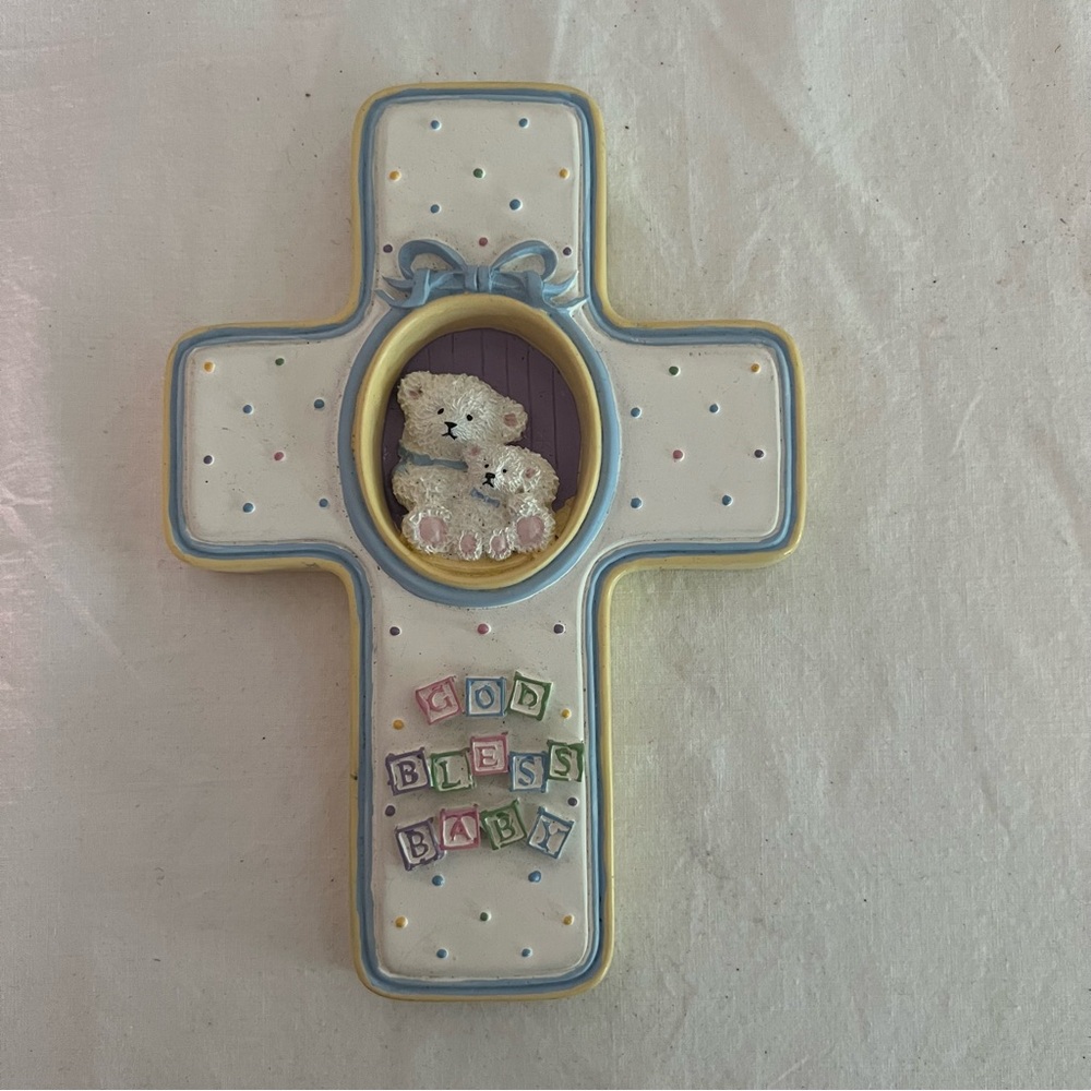 "God Bless Baby" 2002 Wall Hanging Teddy Bear Pastel Cross Vintage Antique